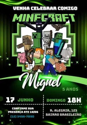 Convite de Aniversário Minecraft Verde para Editar e Enviar