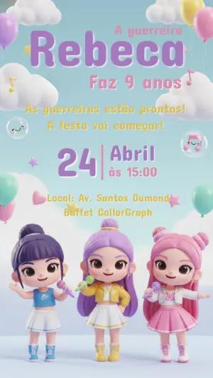 Convite Digital Aniversário Infantil Tema Guerreiras do K-pop