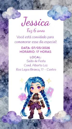 Convite de Aniversário Jinx Arcane Aquarela para Editar