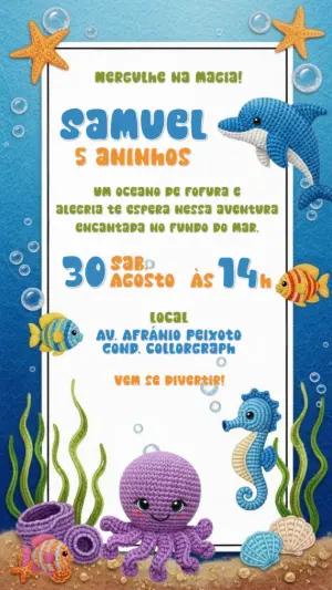 Convite Aniversário Fundo do Mar Amigurumi para Editar Online