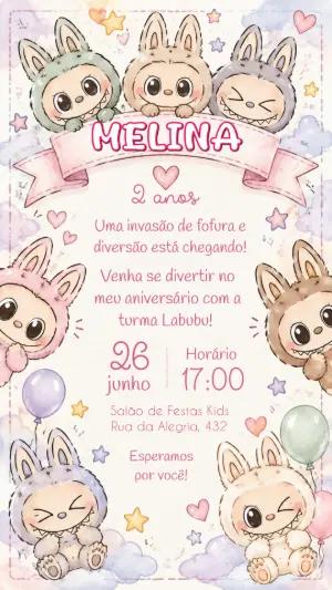 Convite de Aniversário Labubu para Menina | Modelo Editável