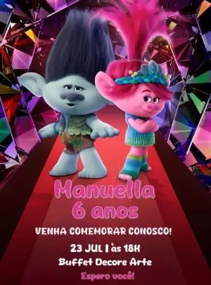 Convite de Aniversário Trolls 3 com Personagens para Editar