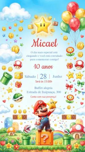 Convite de Aniversário Super Mario Aquarela para Editar