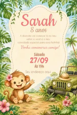 Convite de Aniversário Safari com Macaquinho Editável
