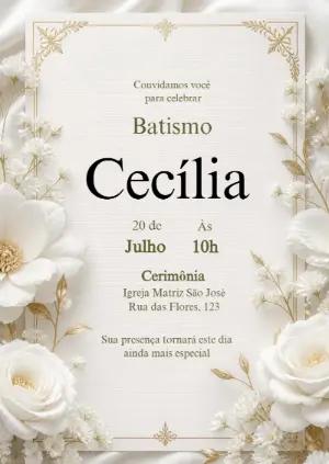 Convite de Batismo Floral Dourado e Branco para Editar