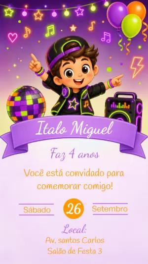 Convite de Aniversário DJ Neon Editável para Menino