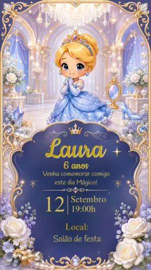 Convite de Aniversário Cinderela Princesa Editável Digital