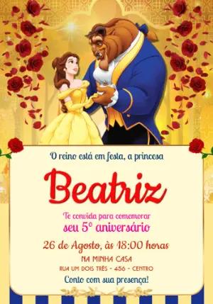 Convite de Aniversário A Bela e a Fera Dourado para Editar