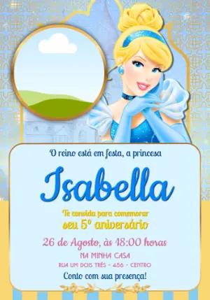 Convite de Aniversário Cinderela Azul e Dourado para Editar