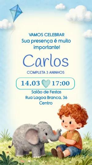 Convite Infantil Elefante Fofo em Aquarela para Editar