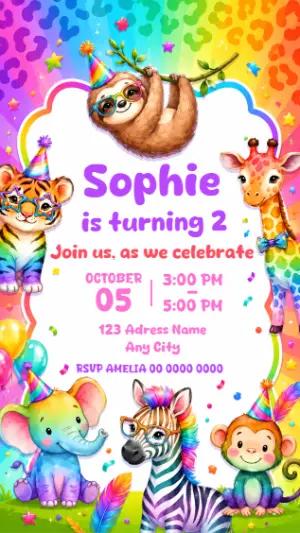 Editable Rainbow Party Animals Birthday Invitation