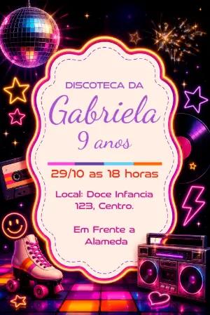 Convite de Aniversário Disco Neon | Baladinha Retrô Editável