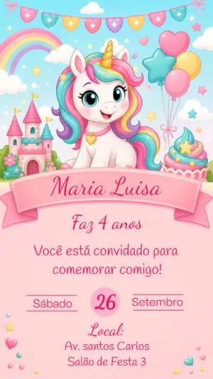 Convite de Aniversário Unicórnio com Castelo Mágico Editável