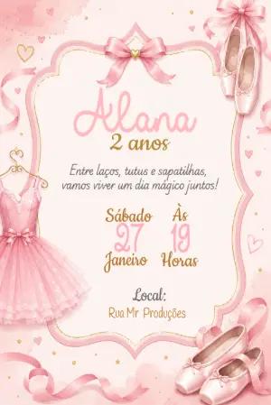 Convite de Aniversário Bailarina Rosa Aquarela Editável