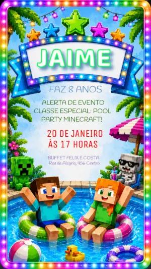 Convite de Aniversário Minecraft Festa na piscina Editável