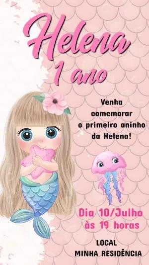 Convite de Aniversário Sereia Fofa Rosa para Editar Online