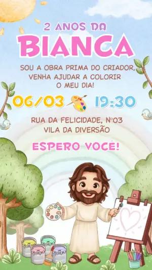 Convite de Aniversário Infantil Jesus Pintor Aquarela Editável