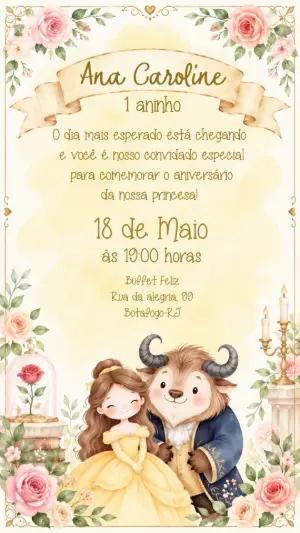 Convite de Aniversário A Bela e a Fera Aquarela Editável