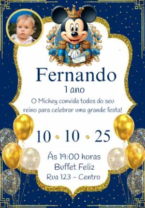 Convite Aniversário Mickey Realeza com Foto para Editar Online