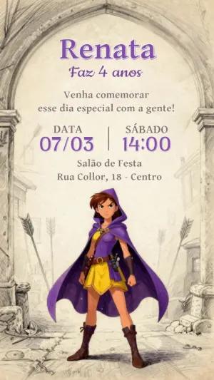 Convite de Aniversário Menina Arqueira Aventura Modelo Editável