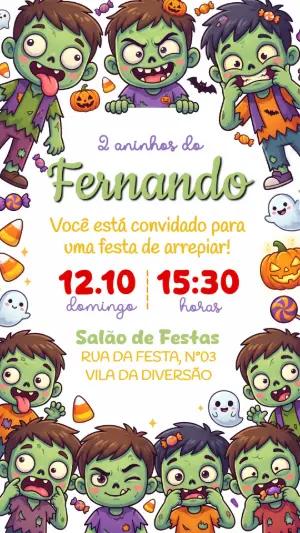 Convite de Aniversário Halloween Zumbis Fofos Editável