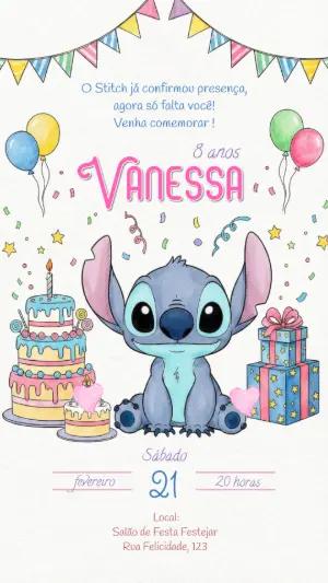 Convite de Aniversário Stitch Aquarela Fofo para Editar