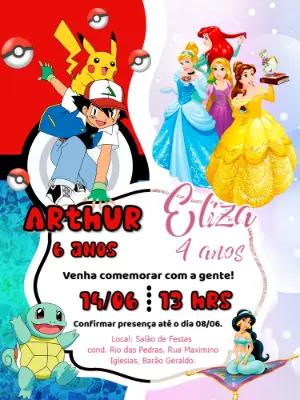 Convite Aniversário Duplo Pokémon e Princesas para Editar