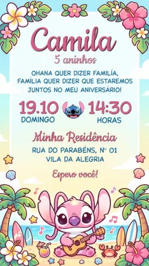 Convite de Aniversário Angel e Stitch Tropical Editável