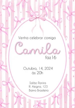 Convite de Aniversário Feminino Laços Rosa Aquarela Editável
