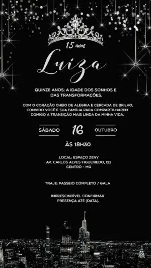 Convite 15 Anos Gala Preto e Prata Editável