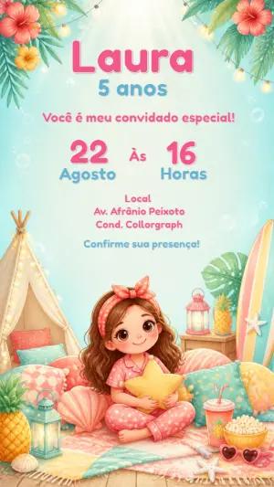 Convite Aniversário Festa do Pijama na Praia Editável