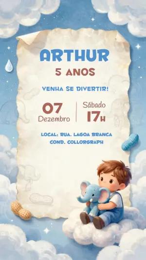 Convite de Aniversário Infantil Elefantinho nas Nuvens Editável