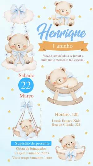Convite de Aniversário Ursinho Aquarela Azul para Editar