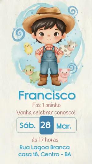 Convite de Aniversário Fazendinha Menino Aquarela Editável