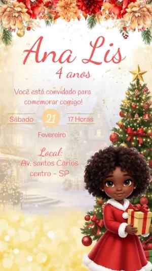 Convite de Aniversário Natalino com Menina Negra Editável