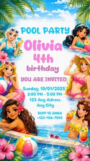 Princess Disney Pool Party Birthday Invitation