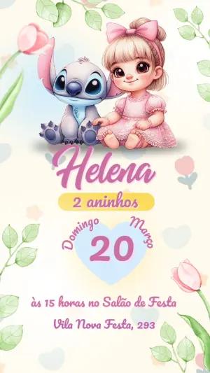 Convite Aniversário Stitch e Menina Fofo Aquarela Editável