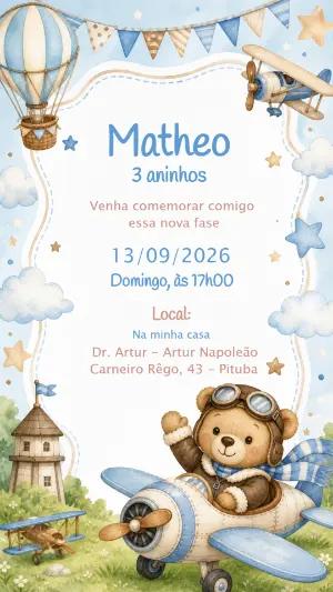 Convite de Aniversário Ursinho Aviador Aquarela Editável