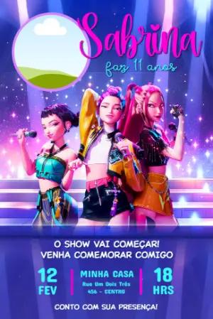 Convite de Aniversário Guerreiras do Kpop com Foto para Editar