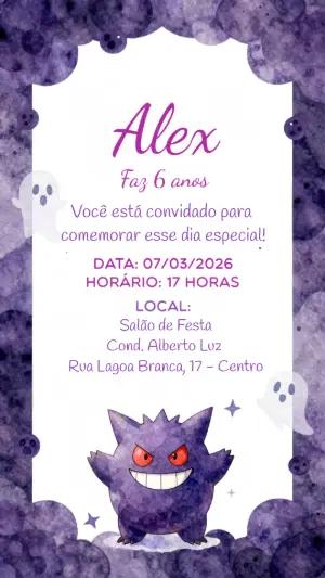 Convite de Aniversário Pokémon Gengar Roxo para Editar