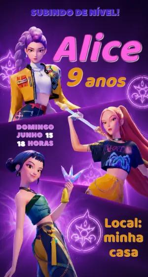 Convite de Aniversário Guerreiras K-pop Roxo para Editar