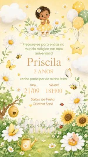 Convite Aniversário Jardim das Margaridas Menina Editável