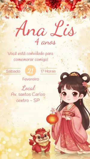 Convite de Aniversário Infantil Tema Chinês para Editar