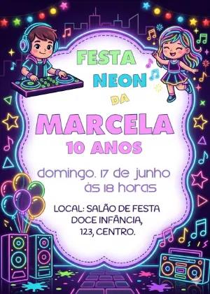 Convite de Aniversário Festa Neon Editável e Colorido