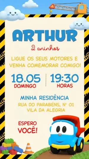 Convite de Aniversário Infantil Caminhão Construtor Editável