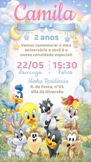Convite de Aniversário Baby Looney Tunes Delicado para Editar
