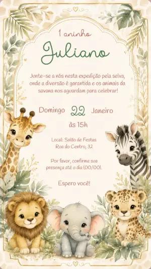 Convite Digital Aniversário Safari Baby Aquarela para Editar