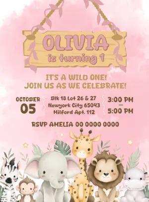 Pink Safari Girl's Birthday Invitation to Edit Online