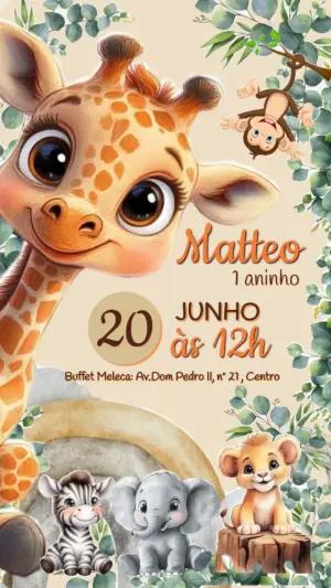 Convite de Aniversário Safari Baby Animais Editável