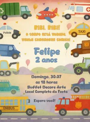 Convite Aniversário Meios de Transporte Editável Online